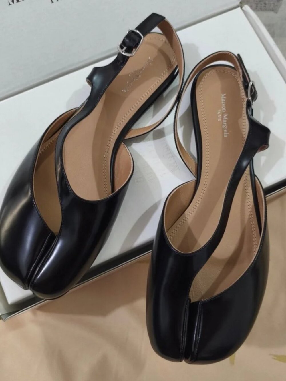 Maison Margiela Tabi Black Leather Slingback Flat Sandals
